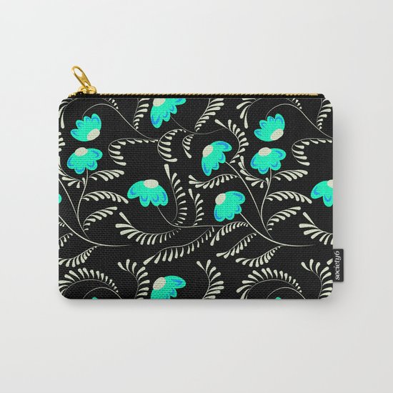 Retro . Turquoise flowers on a black background . Carry-All Pouch