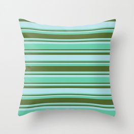 [ Thumbnail: Aquamarine, Dark Olive Green, and Powder Blue Colored Stripes/Lines Pattern Throw Pillow ]