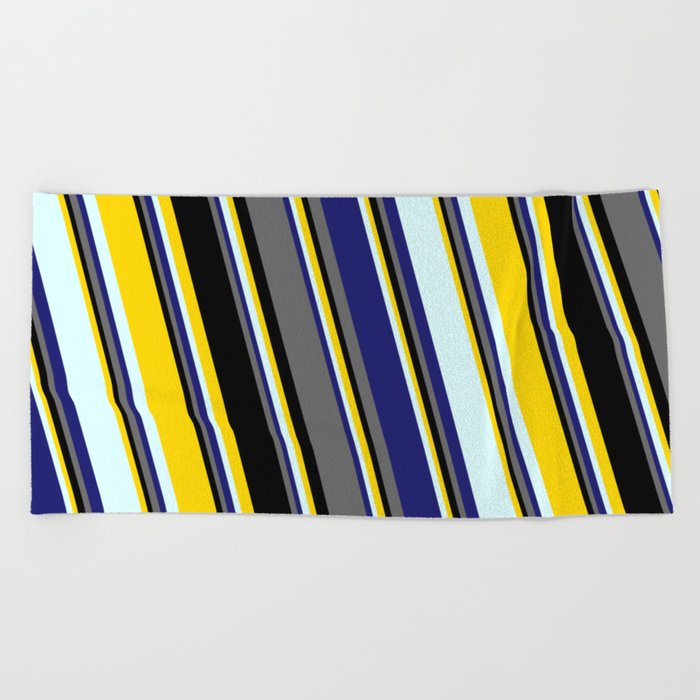 Yellow, Light Cyan, Midnight Blue, Dim Grey & Black Colored Striped Pattern Beach Towel