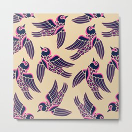BIRDS FLYING HIGHER in DARK BLUE AND PINK ON SAND Metal Print