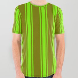 [ Thumbnail: Green and Chartreuse Colored Striped/Lined Pattern All Over Graphic Tee ]
