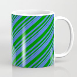 [ Thumbnail: Royal Blue and Green Colored Lines/Stripes Pattern Coffee Mug ]