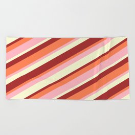 [ Thumbnail: Light Yellow, Brown, Coral & Light Pink Colored Stripes/Lines Pattern Beach Towel ]