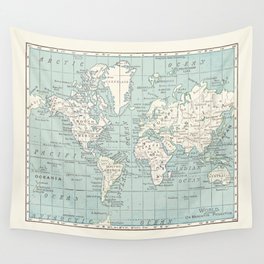 World Map in Blue and Cream Wall Tapestry