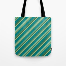 [ Thumbnail: Dark Khaki and Teal Colored Stripes/Lines Pattern Tote Bag ]
