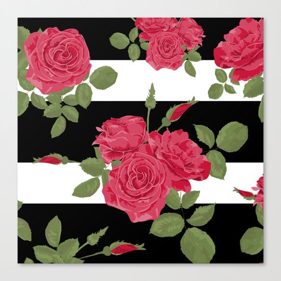 Red roses with horizontal stripes black white Canvas Print