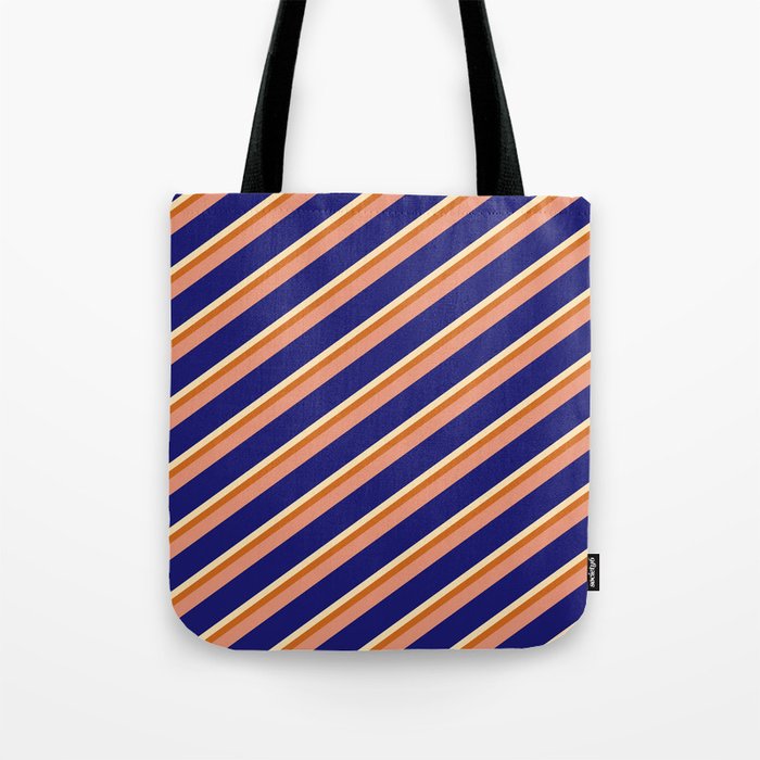 Beige, Chocolate, Dark Salmon, and Midnight Blue Colored Pattern of Stripes Tote Bag
