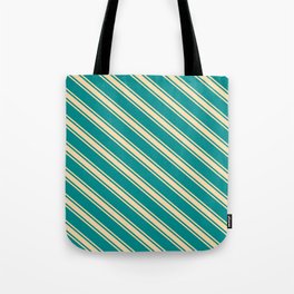[ Thumbnail: Dark Cyan and Tan Colored Striped Pattern Tote Bag ]