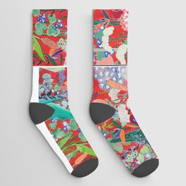 Red floral Jungle Garden Botanical featuring Proteas, Reeds, Eucalyptus, Ferns and Birds of Paradise Socks