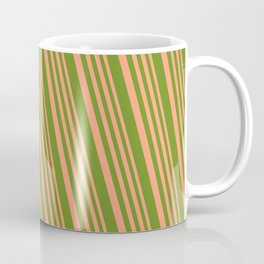 [ Thumbnail: Light Salmon & Green Colored Lined Pattern Coffee Mug ]