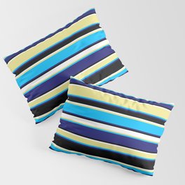 [ Thumbnail: Tan, Deep Sky Blue, Midnight Blue, Black & White Colored Lines Pattern Pillow Sham ]