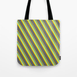 [ Thumbnail: Aquamarine, Yellow, and Dim Gray Colored Lined/Striped Pattern Tote Bag ]