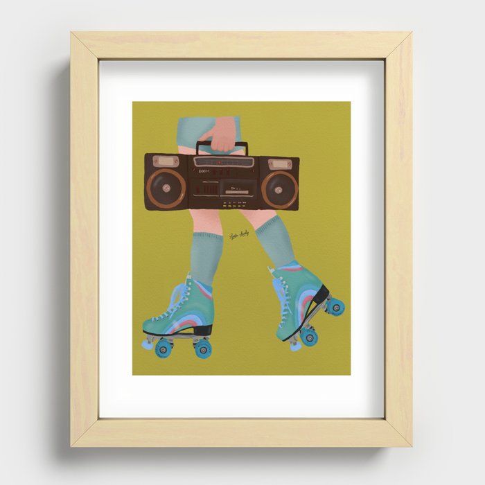 Boombox and teal roller skates- green background Recessed Framed Print