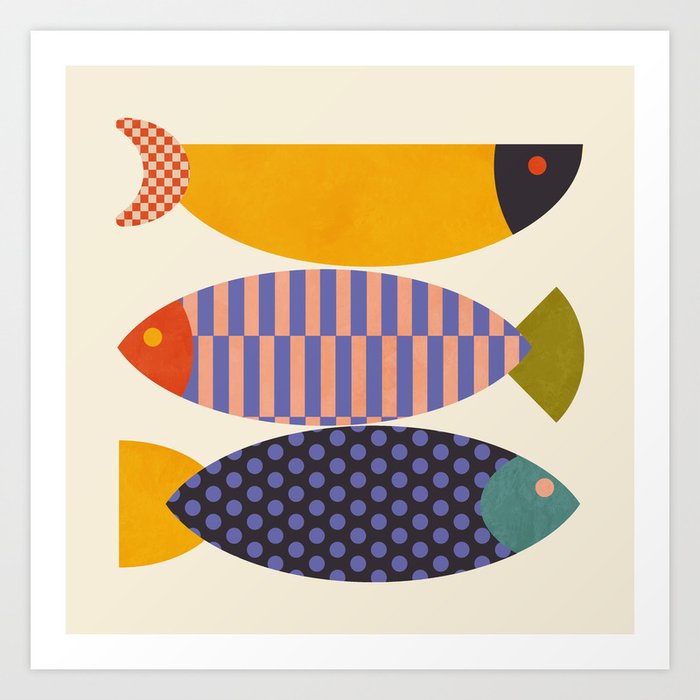 mid century abstract fishes Art Print