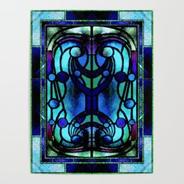 Blue and Aqua Stained Glass Victorian Design Poster