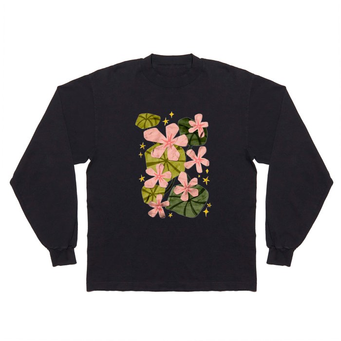 Pink Flower and Green Lotus leaves, texture and Paper Cutout Long Sleeve T Shirt
