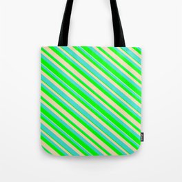 [ Thumbnail: Turquoise, Lime & Tan Colored Lined Pattern Tote Bag ]