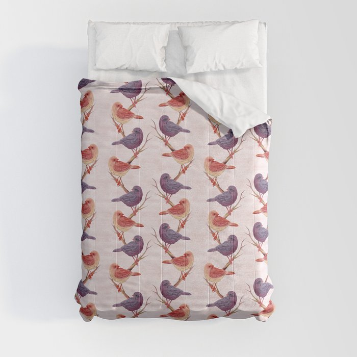  little brown colored birds between branches, seamless pattern Comforter