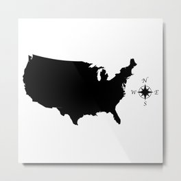 USA Outline Silhouette Map With Compass Metal Print