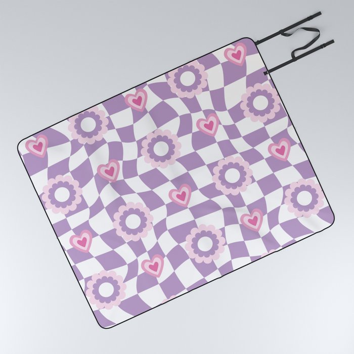 Floral Wavy Checkerboard-Psychedelic Pattern Picnic Blanket