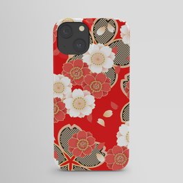Japanese Vintage Red Black White Floral Kimono Pattern iPhone Case