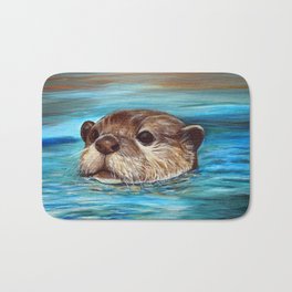 River Otter Painting Bath Mat | Realistic, Reflection, Wildlife, White, Black, Impressionist, Painting, Otters, Brown, Riverotter 