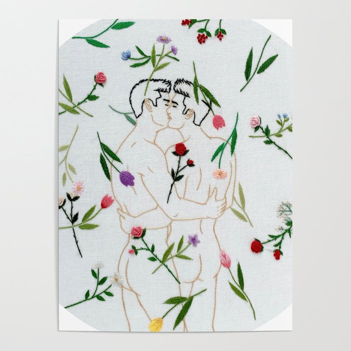 Embroidery art "Flowers" printed/ Gay art Poster
