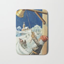 “Ring the Bell” by Jenny Nystrom Bath Mat | Village, Painting, Bell, Ringing, Gnome, Elves, Tomten, Vintage, Christmas, Scandinavian 