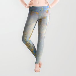 Sky Blue & Aqua Marble With Gold Nugget Veins Leggings