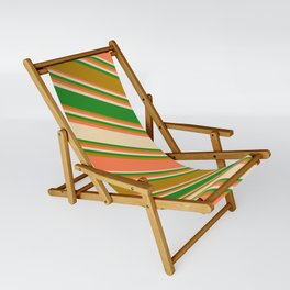 [ Thumbnail: Coral, Tan, Forest Green, and Dark Goldenrod Colored Stripes/Lines Pattern Sling Chair ]