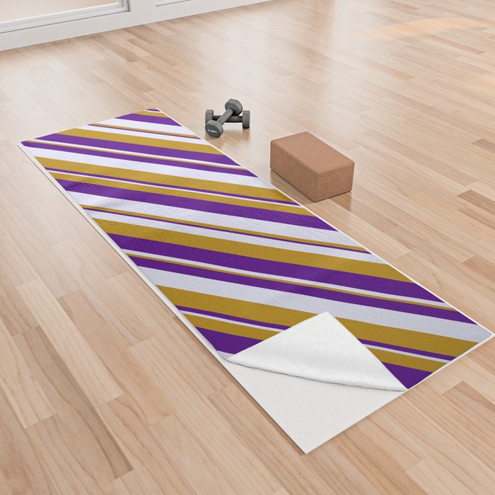 Dark Goldenrod, Indigo, and Lavender Colored Lined Pattern Yoga Towel