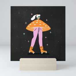 Mushroom Roller girl in Space Mini Art Print | Female, Magic, Girl, Curated, Groovy, Sparkles, Fun, Stars, Astrology, Playful 