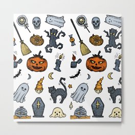 Halloween Party  Color Metal Print | Doodling, Witch, Ink Pen, Pumpkins, Drawing, Pattern, Doodle, Blackcats, Painting, Lines 