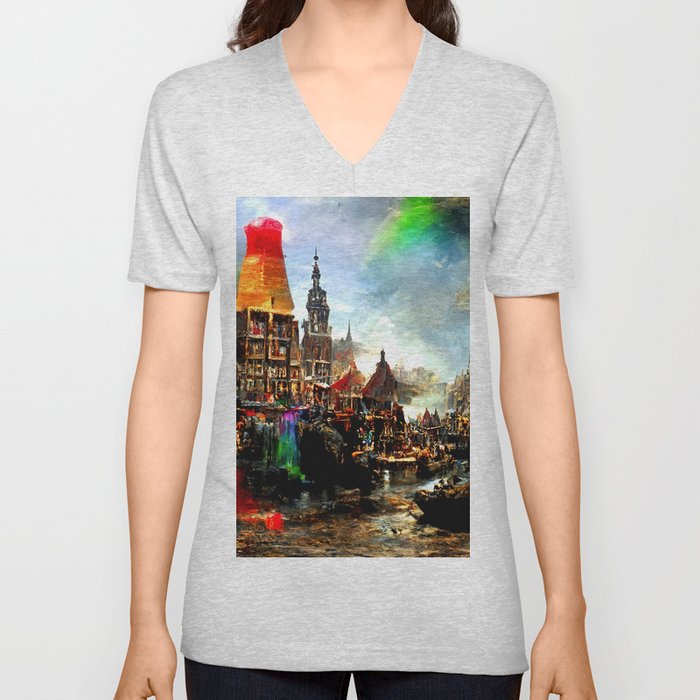 Medieval Town in a Fantasy Colorful World V Neck T Shirt