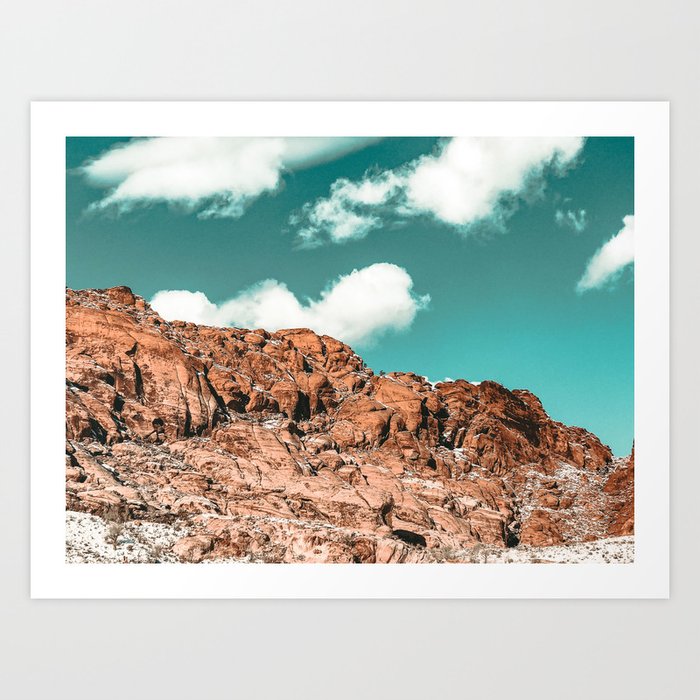 Vintage Red Boulder // Desert Rocks Teal Blue Sky Canyon Landscape Wilderness Nature Scene Art Print