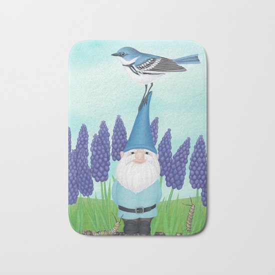 gnome with cerulean warbler and grape hyacinths Bath Mat