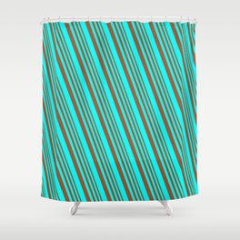 [ Thumbnail: Sienna and Cyan Colored Lined/Striped Pattern Shower Curtain ]