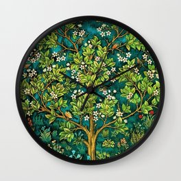 William Morris Tree of Life Emerald Twilight floral textile 19th century pattern print for drapes, curtains, pillows, duvets, comforters, and home and wall decor Wall Clock