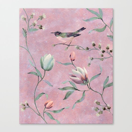 Bird on spring flowers Canvas Print