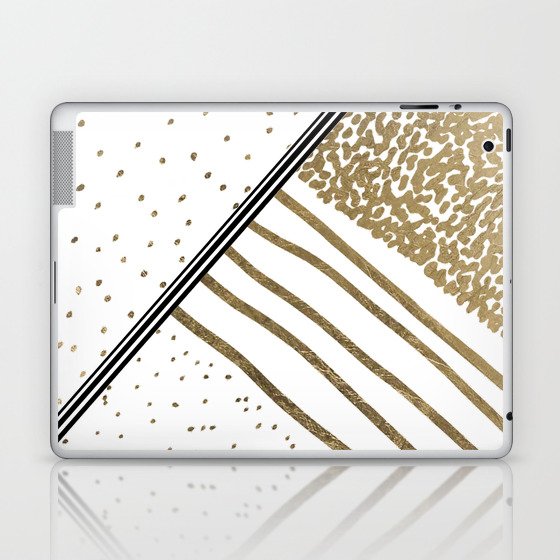 Geometrical white faux gold black stripes polka dots Laptop & iPad Skin