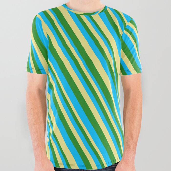 Deep Sky Blue, Tan & Forest Green Colored Striped Pattern All Over Graphic Tee