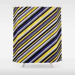 [ Thumbnail: Vibrant Light Gray, Dim Gray, Black, Yellow, and Midnight Blue Colored Stripes Pattern Shower Curtain ]