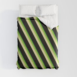 [ Thumbnail: Green, Pale Goldenrod, Black, and Forest Green Colored Pattern of Stripes Duvet Cover ]
