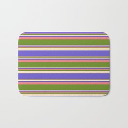 [ Thumbnail: Light Coral, Green, Bisque & Slate Blue Colored Striped/Lined Pattern Bath Mat ]