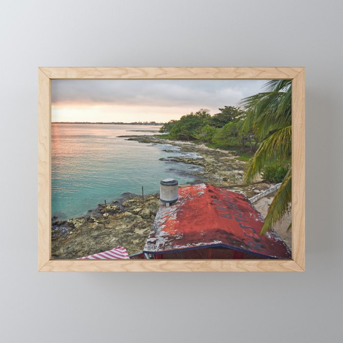 Bar Restaurant Tropical Island Cuba Sunset Beach Diving Snorkeling Swimming Coral Reef Palm Trees Ol Framed Mini Art Print By Kimroseadams