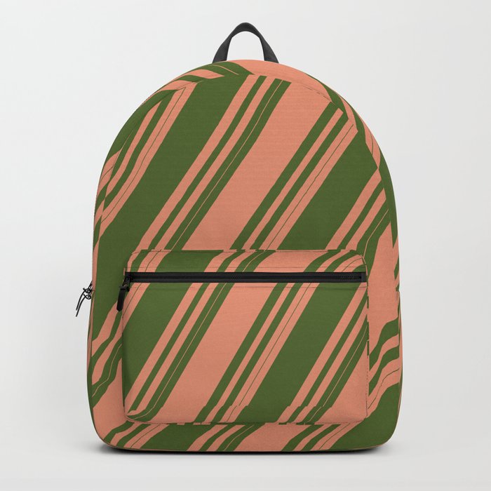 Dark Salmon and Dark Olive Green Colored Striped/Lined Pattern Backpack