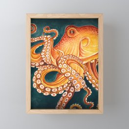 Orange Yellow Octopus in Dark Teal Ocean Watercolor Framed Mini Art Print