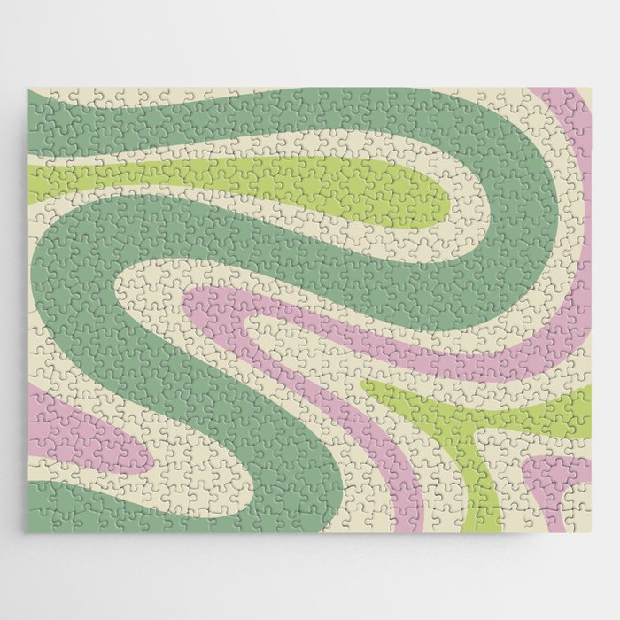 Retro Swirls Abstract in Soft Pastel Lavender Pink Lime Green Cream Jigsaw Puzzle