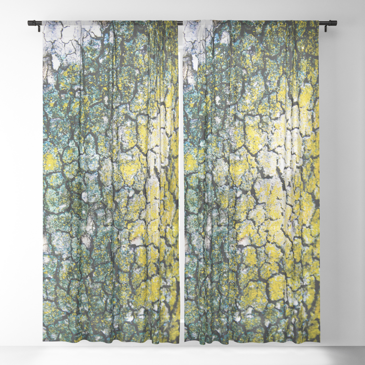 Yellow And Green Spotted Abstract Pigmented Tree Bark Print Sheer