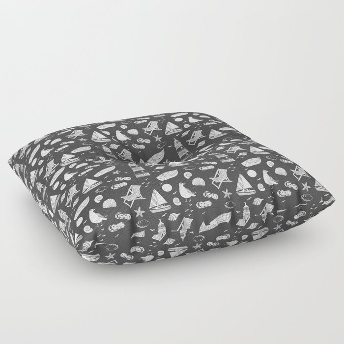 Dark Grey And White Summer Beach Elements Pattern Floor Pillow
